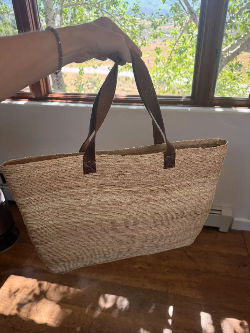 Woven Straw Tote Bag with Leather Straps